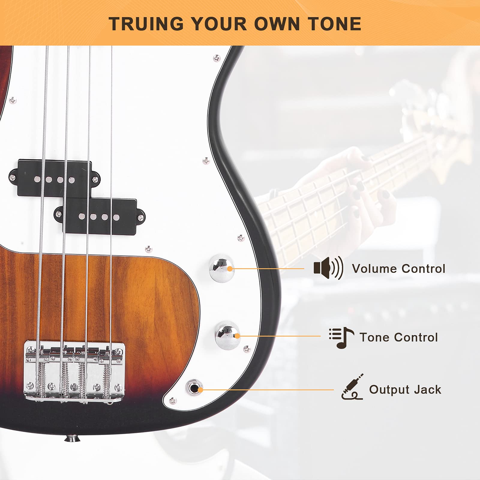 Glarry Electric Bass Guitar Full Size 4 String Rosewood Basswood Fire Style Exquisite Burning Bass (Sunset)